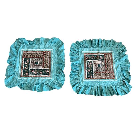Pair Vintage Cottagecore Custom Quilt Ruffle Throw Pillow Cover 22" Green Brown - Picture 1 of 6